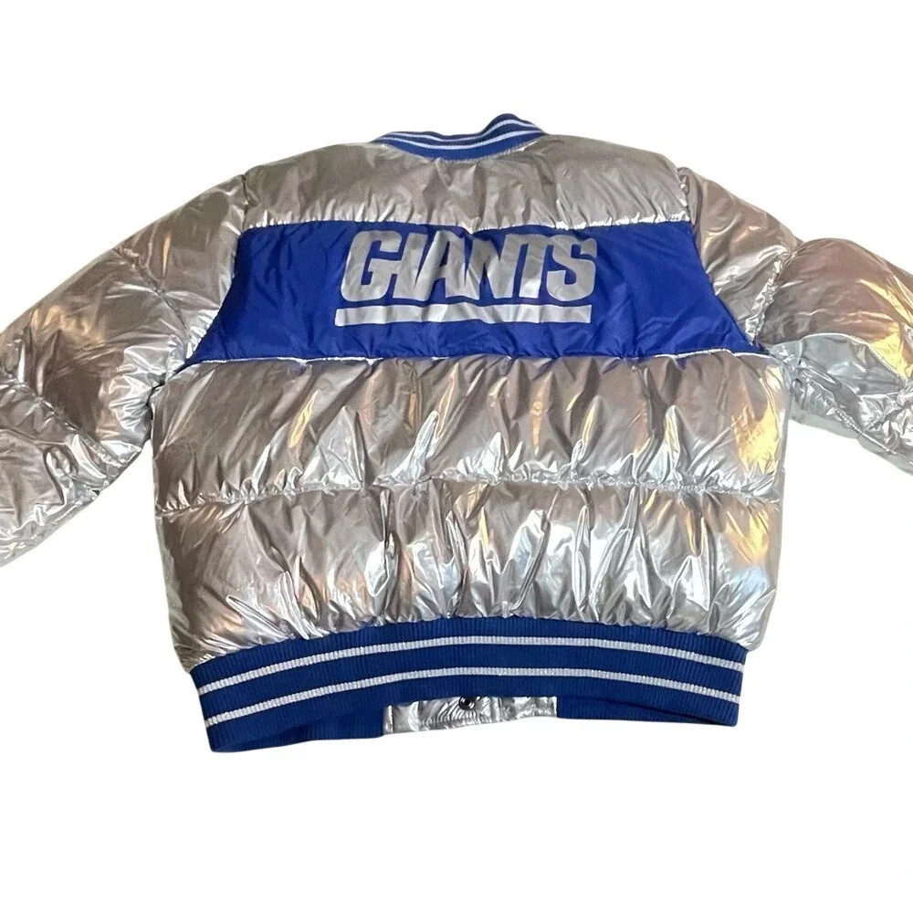New York Giants Metallic Silver Blue Puffer‎ Bomber Jacket Small